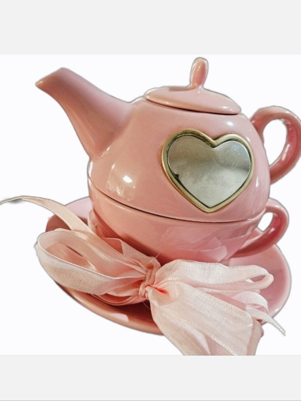 NWT THINGS REMEMBERED PINK 4-pc TEAPOT/CUP/SAUCER SET w/SILVER ENGRAVEABLE HEART